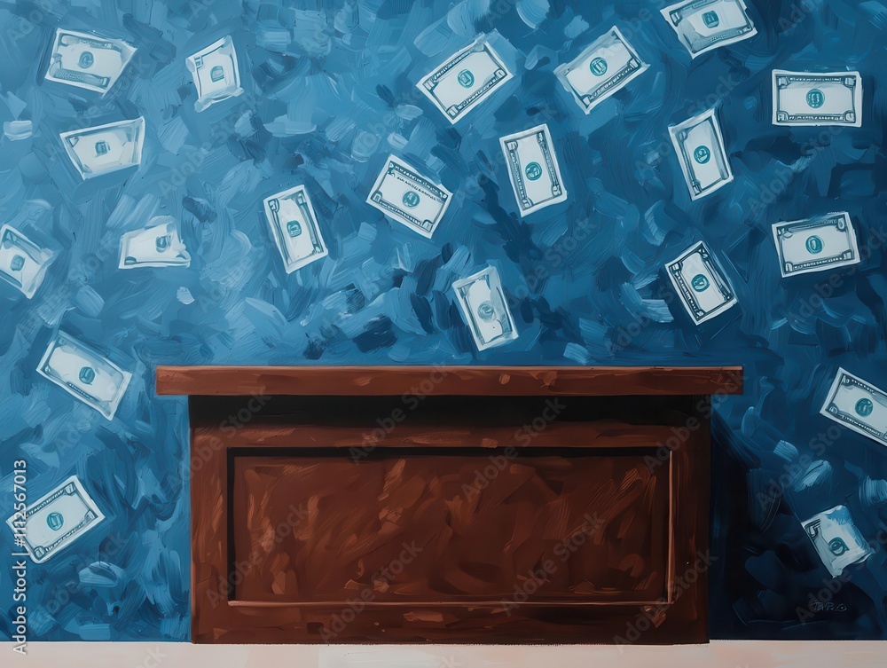 Fototapeta premium Acrylic art of a teller counter surrounded by glowing financial symbols