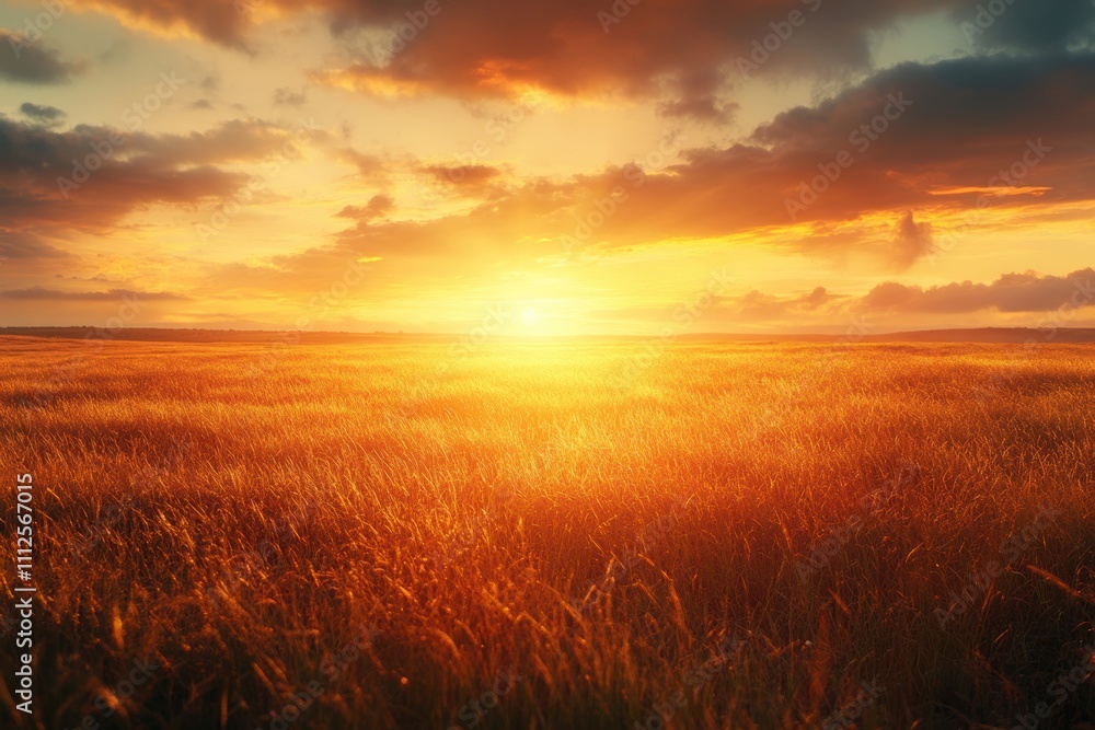 Fototapeta premium A vibrant sunset over a golden field, capturing nature's beauty and tranquility.