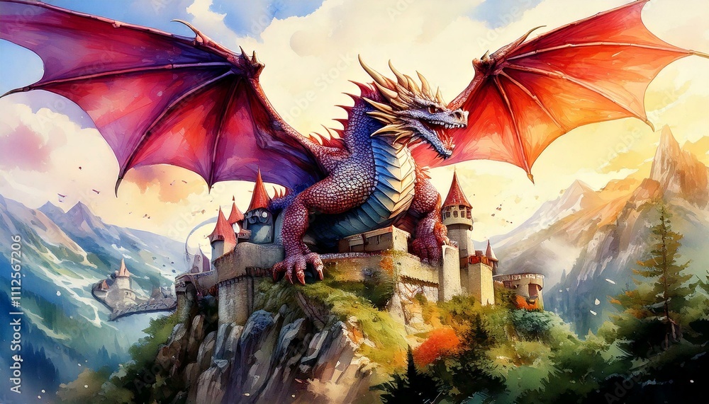 A majestic dragon soaring over a castle, painted in vibrant watercolor tones A majestic dragon soaring over a castle, painted in vibrant watercolor tones