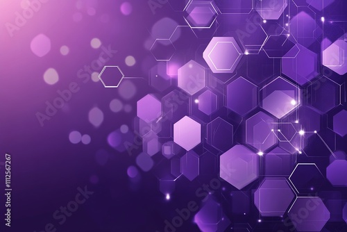 Abstract purple background featuring interconnected glowing hexagons and light flares, symbolizing futuristic technology and digital networks