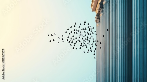 Conceptual art of financial freedom visualized as birds flying from a bank s rooftop photo