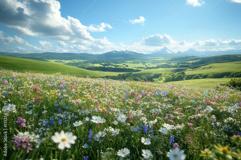 Obraz premium A vibrant meadow filled with colorful wildflowers against a mountainous backdrop.