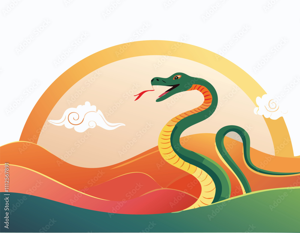 Obraz premium Chinese zodiac sign of the Snake. A bright green snake with a yellow belly is posed against a colorful landscape of mountains and clouds, with a golden sun setting in the background.