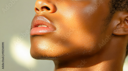 Close-up of young black man's face with sunlight highlighting skin texture photo