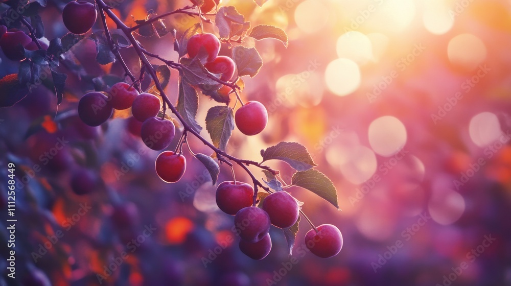 Bright Sunset Over Cherry Tree Branch with Lush Red Fruit Bright Sunset Over Cherry Tree Branch with Lush Red Fruit