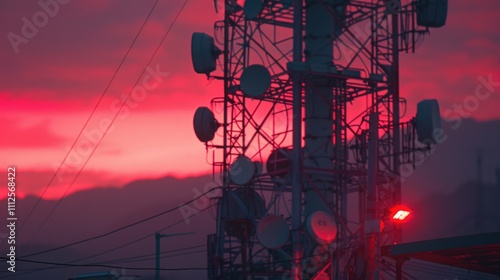 A cell tower surrounded by a dramatic red sky, perfect for depicting apocalyptic or futuristic scenes