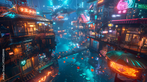 Dreamlike Underwater Cityscape with Bioluminescent Lights and Vibrant Neon Signs, Capturing the Enchantment of an Ethereal Nighttime Atmosphere