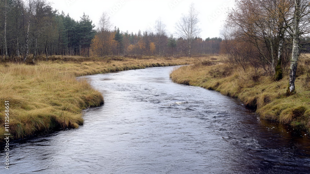 Serene Winding River Through Tranquil Forest Landscape Serene Winding River Through Tranquil Forest Landscape