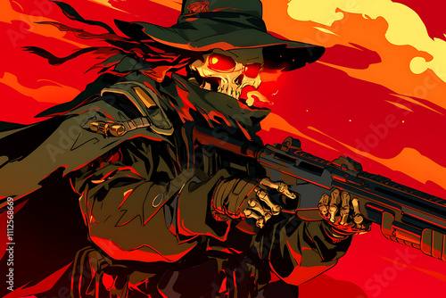 A skeletal figure in a hat, wielding a gun against a fiery backdrop. photo