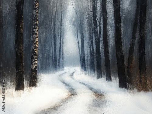 A winding snowy path through a misty forest, evoking a sense of mystery.