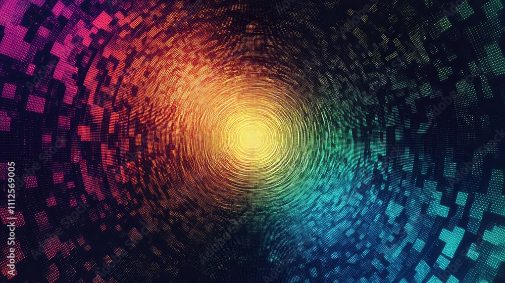 A pixel dot pattern that gradually fades out at the edges, with clusters of vibrant color towards the center creating focus A pixel dot pattern that gradually fades out at the edges, with clusters of vibrant color towards the center creating focus