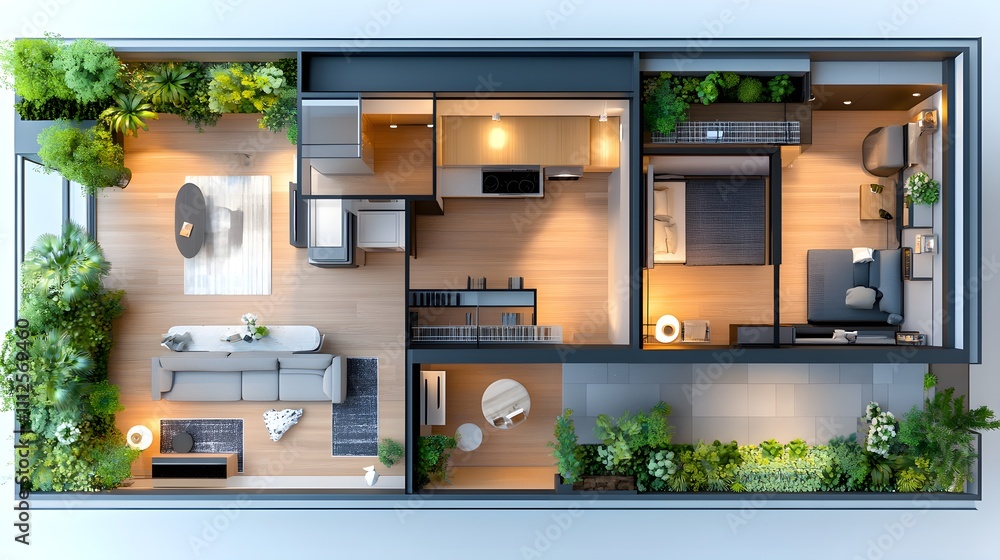 Modern Apartment Layout with Greenery and Natural Light, Featuring Cozy Living Room, Stylish Bedroom, and Functional Kitchen in an Urban Setting Modern Apartment Layout with Greenery and Natural Light, Featuring Cozy Living Room, Stylish Bedroom, and Functional Kitchen in an Urban Setting