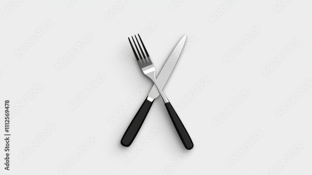 Fototapeta premium minimalist black and white icon of fork and knife crossed on plain background