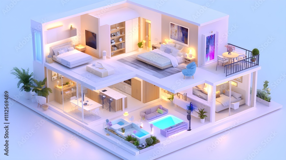 Contemporary 3D Model of Stylish House Interior with Open Spaces, Cozy Rooms, Modern Furnishings, and Vibrant Decor for Architectural and Design Inspiration Contemporary 3D Model of Stylish House Interior with Open Spaces, Cozy Rooms, Modern Furnishings, and Vibrant Decor for Architectural and Design Inspiration