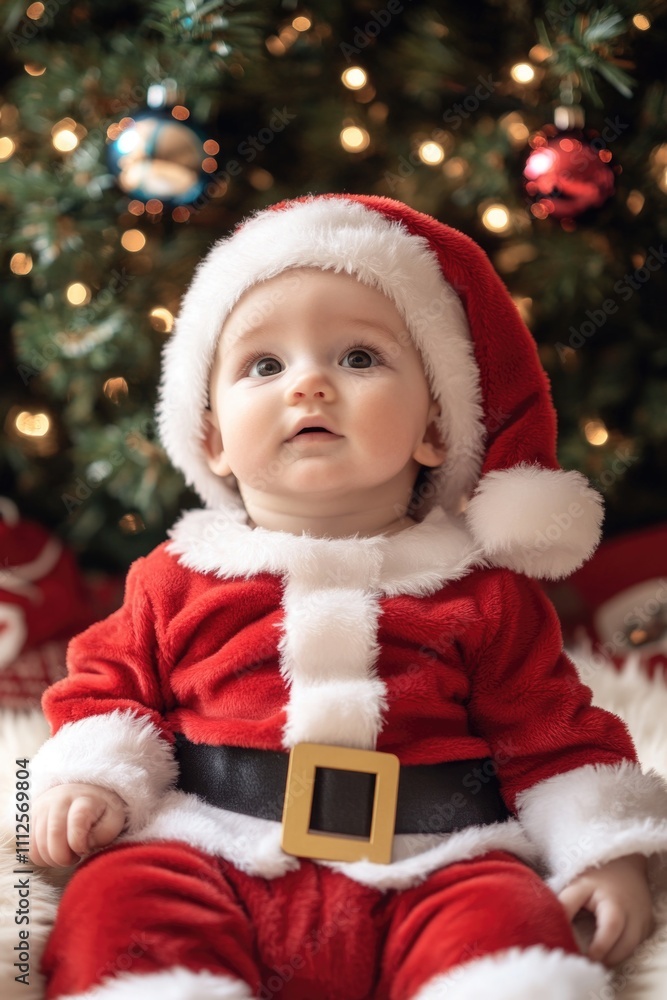 A young child dressed as Santa Claus sits in front of a decorated Christmas tree A young child dressed as Santa Claus sits in front of a decorated Christmas tree