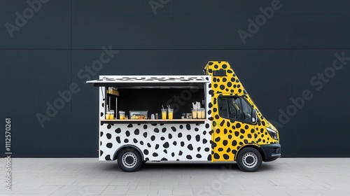 Giraffethemed food truck with a tall roof and spot patterns, offering smoothies and wraps photo