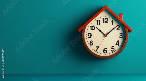 Wallpaper Mural A round wall clock designed in the shape of a house, featuring bold numbers and a vibrant red roof against a teal background. Torontodigital.ca