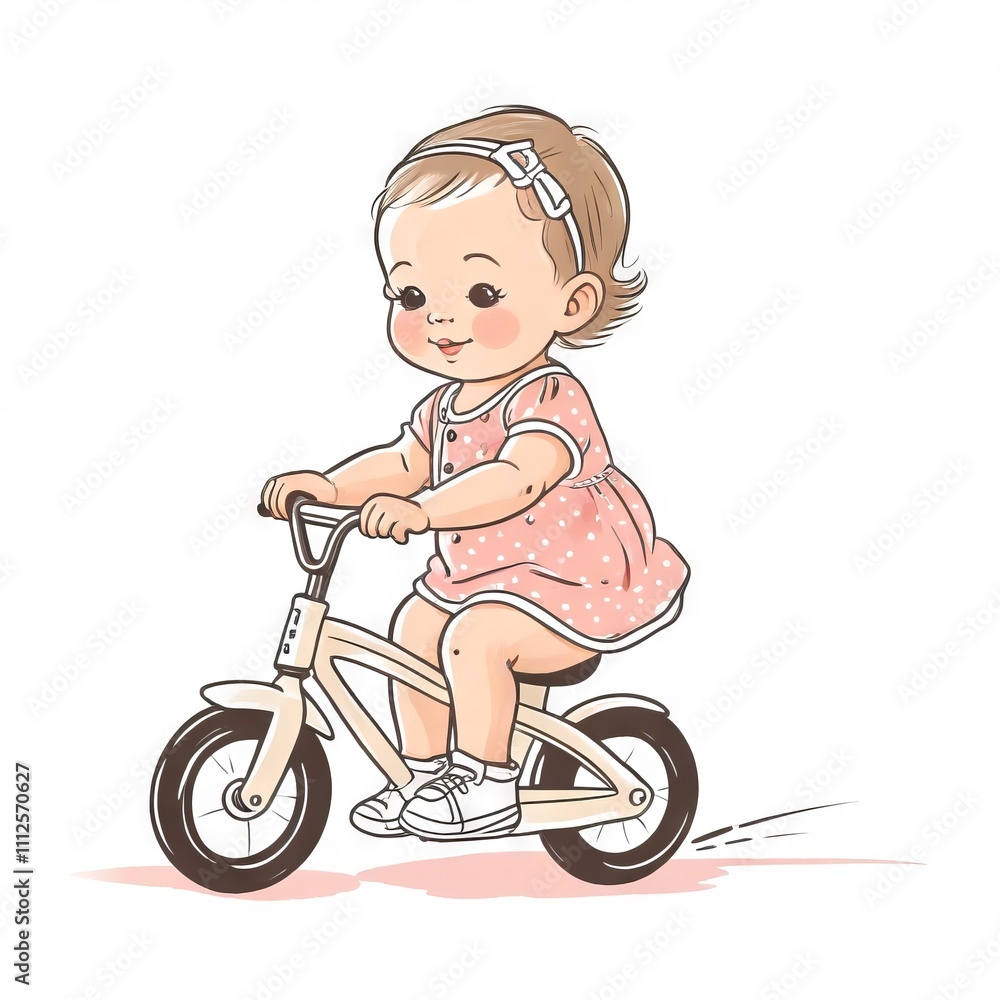 Child riding a balance bike in a playful outdoor setting while wearing a pink dress Child riding a balance bike in a playful outdoor setting while wearing a pink dress