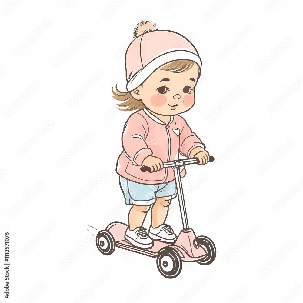 Little girl joyfully riding a pink scooter in a playful outfit on a sunny day Little girl joyfully riding a pink scooter in a playful outfit on a sunny day