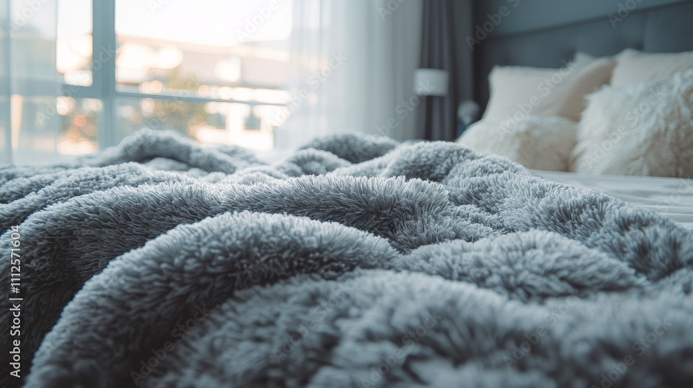Cozy Grey Blanket on Bed Close-Up Texture, Soft Focus, Bedroom Comfort, Grey Fluffy Throw Bedroom Decor, Soft Texture Cozy Grey Blanket on Bed Close-Up Texture, Soft Focus, Bedroom Comfort, Grey Fluffy Throw Bedroom Decor, Soft Texture