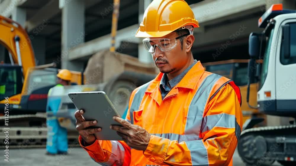 A construction worker in a hard hat and reflective vest analyzing data on a tablet at a worksite. A construction worker in a hard hat and reflective vest analyzing data on a tablet at a worksite.