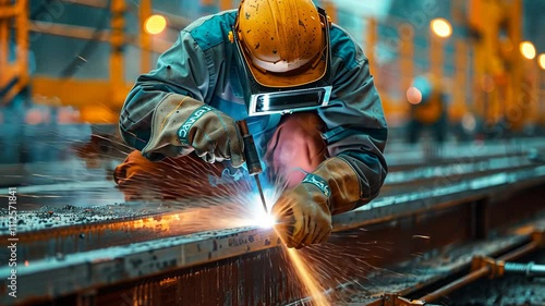 A factory worker wearing protective gear welding metal with sparks flying in an industrial setting.