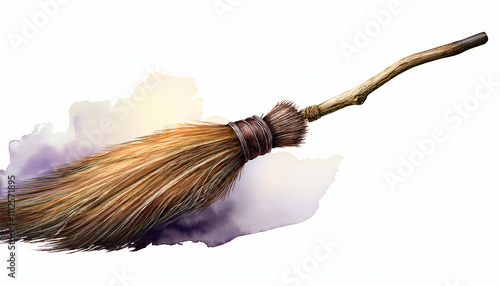 Magic broom watercolor, Old witches broom isolated on white background photo