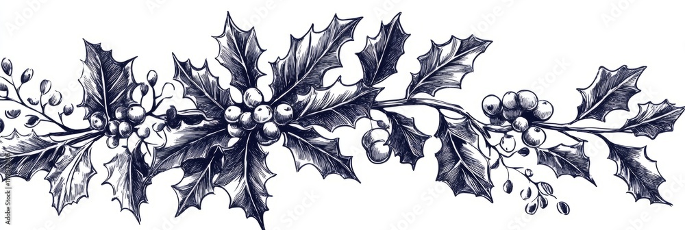 Christmas drawn holly line decor, pine branch, snowflake background. Hand drawn doodle sketch holly floral, christmas tree leaves, winter pine. Holiday ornament sketch doodle. Vector illustration Christmas drawn holly line decor, pine branch, snowflake background. Hand drawn doodle sketch holly floral, christmas tree leaves, winter pine. Holiday ornament sketch doodle. Vector illustration