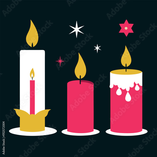  Christmas candles set vector illustration.