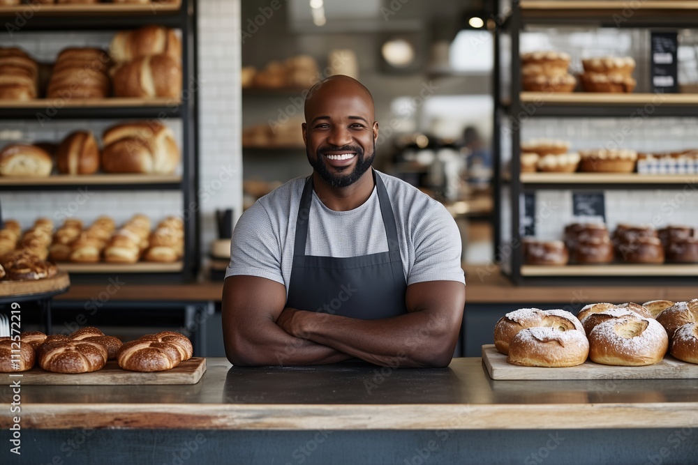 owner, man wearing an apron and smiling in his bakery, with shelves behind her, own business concept, private bakery, fresh bread, private small business, copy space owner, man wearing an apron and smiling in his bakery, with shelves behind her, own business concept, private bakery, fresh bread, private small business, copy space