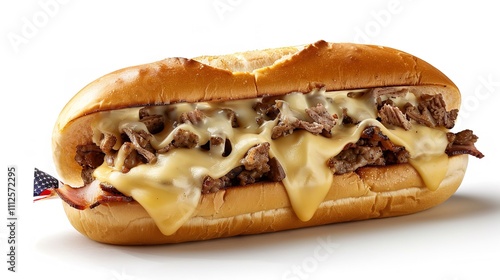 A philly cheesesteak sandwich with melted cheese American flag