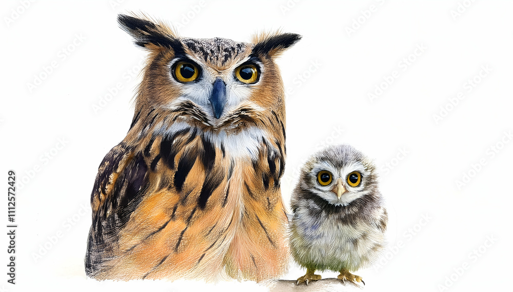 Naklejka premium mother and baby animal Owl and Owlet on a white background, watercolor