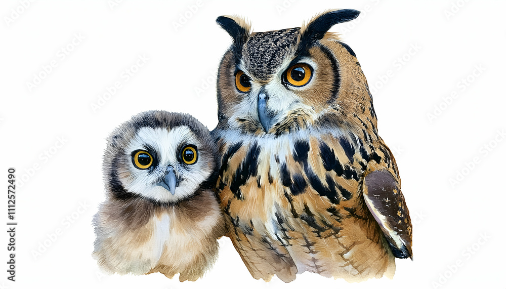 Fototapeta premium mother and baby animal Owl and Owlet on a white background, watercolor