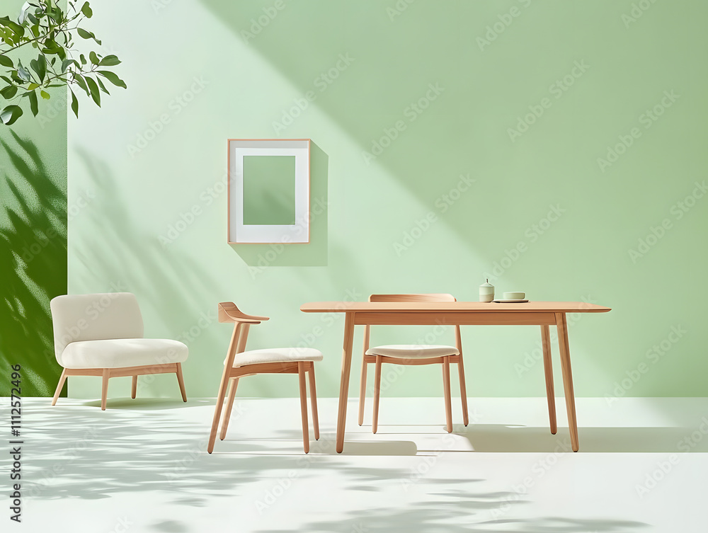 Fototapeta premium Elegant minimalist dining room setup modern home interior design bright environment tranquil view contemporary aesthetics