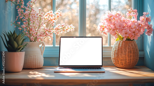 Laptop showing blank screen on wooden table with pink flowers and plants near window