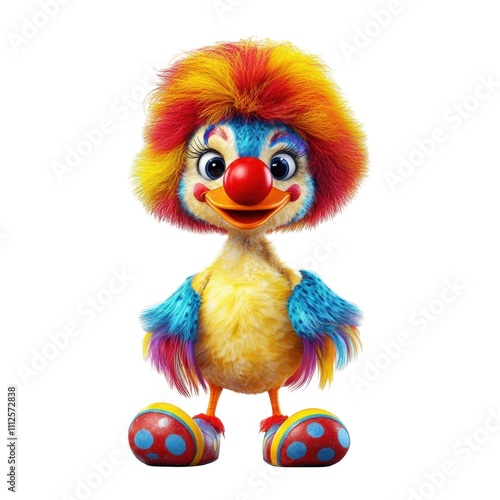 A colorful cartoon bird with a clown-like appearance and vibrant colors.