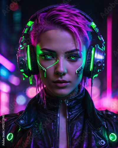 Fictional people, not based on real people. Portrait of a science fiction cyberpunk girl. High-tech futuristic woman from the future. Virtual reality and cyberpunk concept. Generative AI.