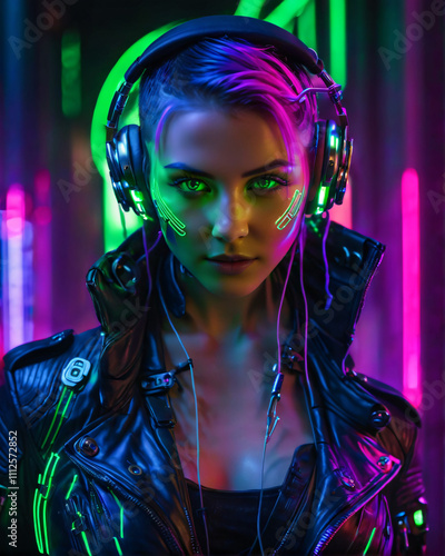 Fictional people, not based on real people. Portrait of a science fiction cyberpunk girl. High-tech futuristic woman from the future. Virtual reality and cyberpunk concept. Generative AI.