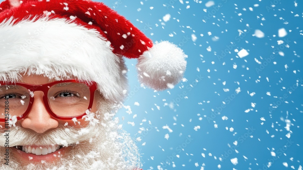 Close-up of Santa Claus in a festive red hat and glasses, smiling warmly amid falling snow against a blue background. Close-up of Santa Claus in a festive red hat and glasses, smiling warmly amid falling snow against a blue background.