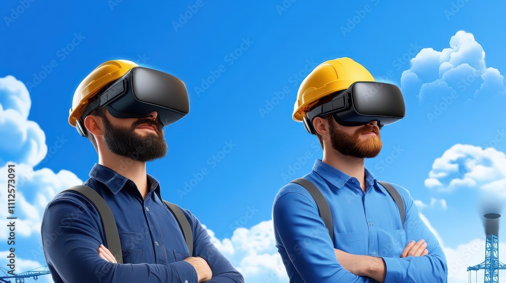 Two engineers wearing VR headsets and hard hats, exploring virtual reality solutions under a clear blue sky. Two engineers wearing VR headsets and hard hats, exploring virtual reality solutions under a clear blue sky.