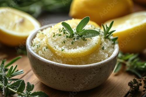 Natural exfoliating scrub displayed with fresh lemon slices and herbs.