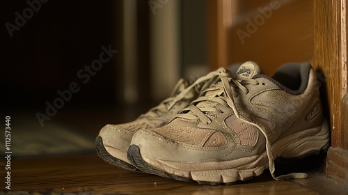 Worn out man’s sneakers by a doorway, showcasing a casual and lived-in look. photo