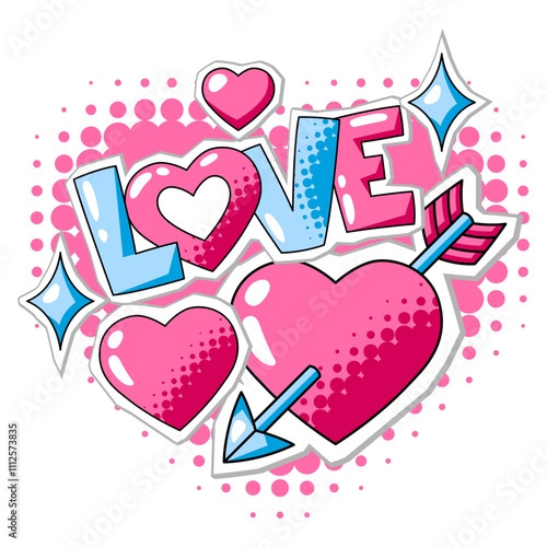 Happy Valentine Day greeting card. Holiday background with romantic stickers and love symbols.