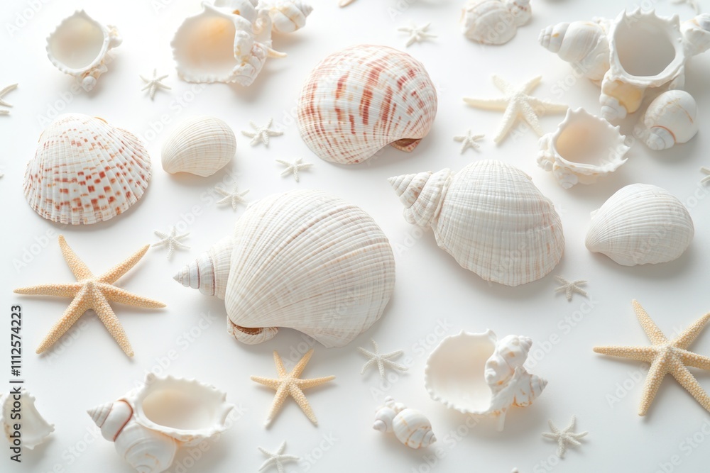 A decorative coastal-themed arrangement featuring shells and starfish on a white table A decorative coastal-themed arrangement featuring shells and starfish on a white table