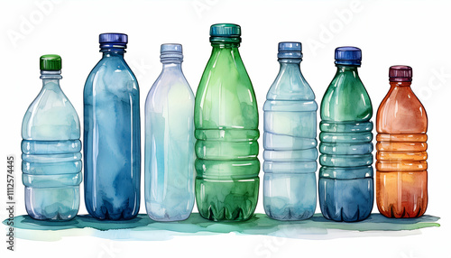 Plastic Bottles - PET Bottles. isolated on white. watercolor clipart illustration