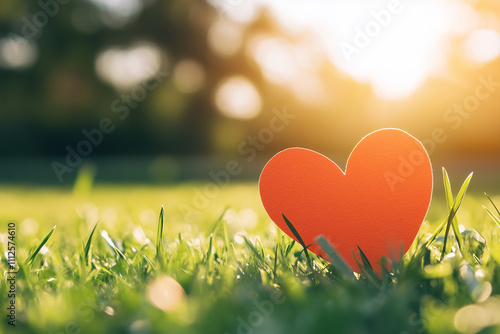 Close-up of a red heart-shaped cutout resting on green grass, illuminated by soft golden sunlight. Perfect for themes of love, nature, and romantic symbolism