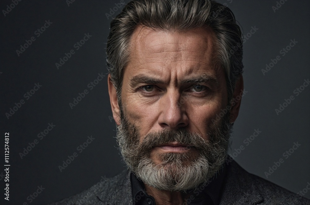 Striking man with a refined beard against a dark background Striking man with a refined beard against a dark background