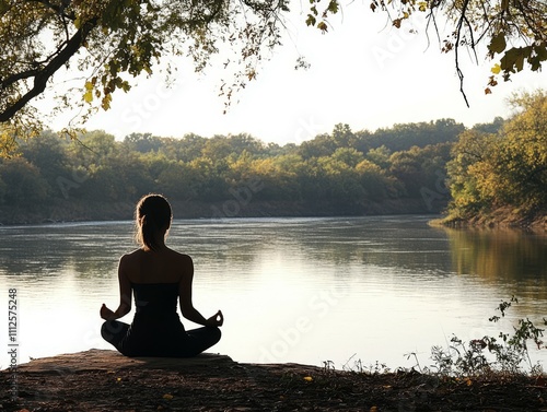 Serene Person Meditating by Tranquil Water Scene