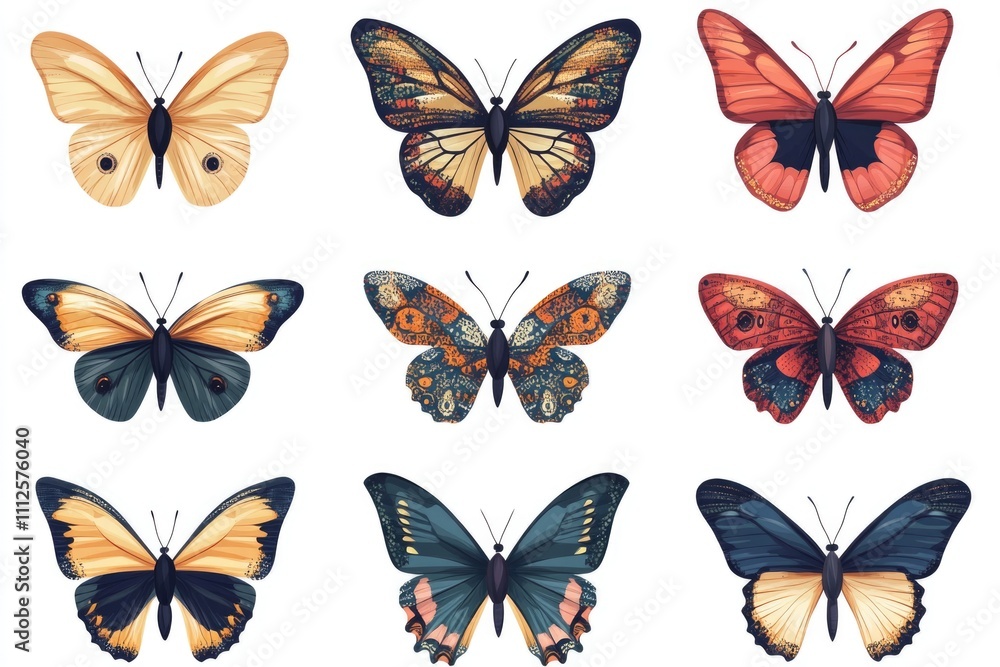 A group of colorful butterflies sit on a white background, with intricate details A group of colorful butterflies sit on a white background, with intricate details