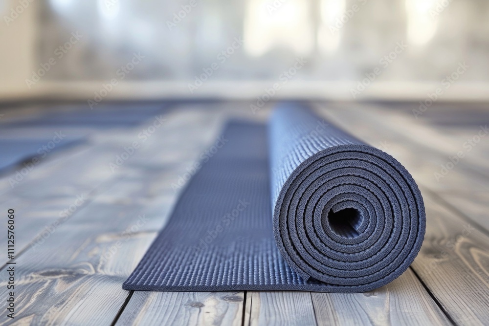 A rolled up yoga mat lying on a wooden floor, ready for practice